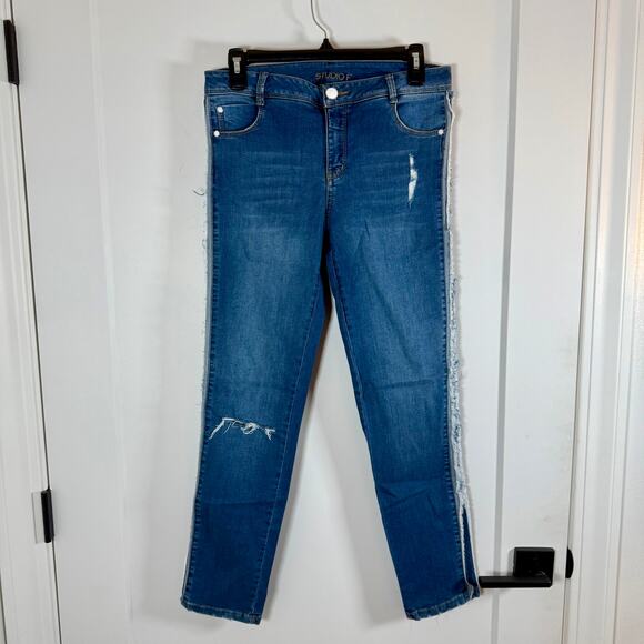 Studio F Blue Skinny Jeans w/ Frayed Side Stripe EUC 4 - Picture 1 of 5
